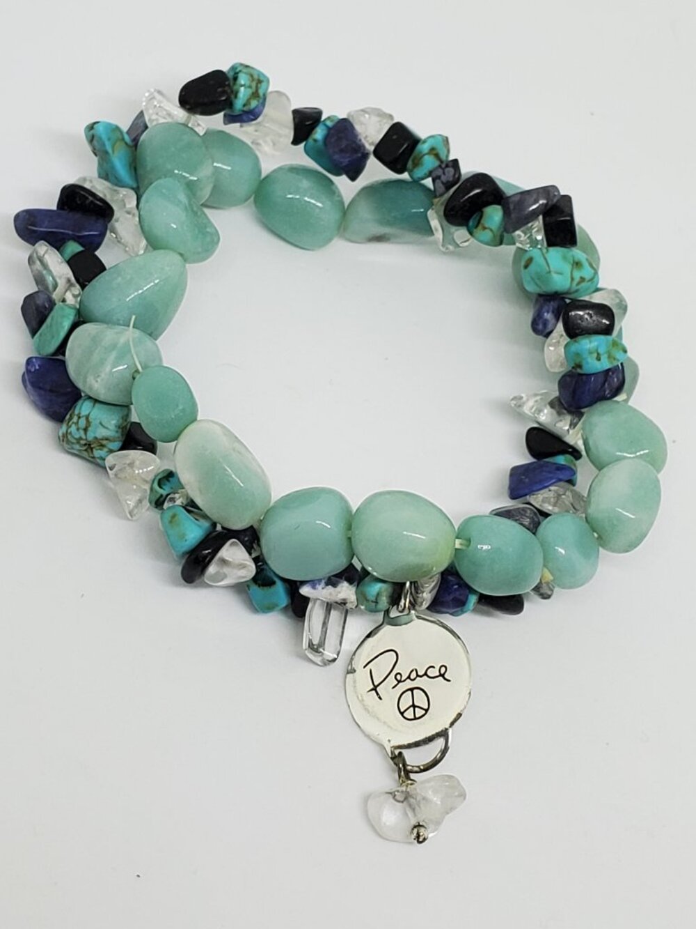 Sterling Silver PEACE Charm and Natural Blue Stones Stretch Bracelet Hippie Boho